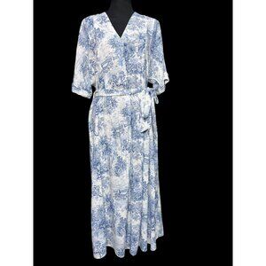H&M Blue White Scenic Print Maxi Dress Women 0 Belted V-Neck Boho Summer